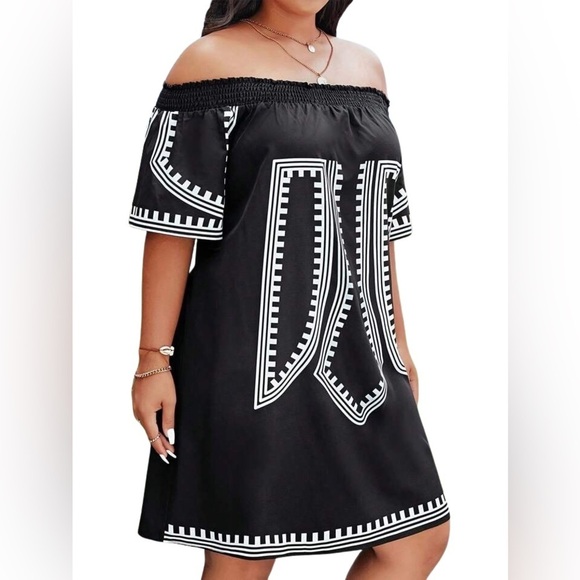 SHEIN VCAY NEW Plus Geo Print Off Shoulder Half Sleeve Tunic Dress 2XL - Picture 2 of 5